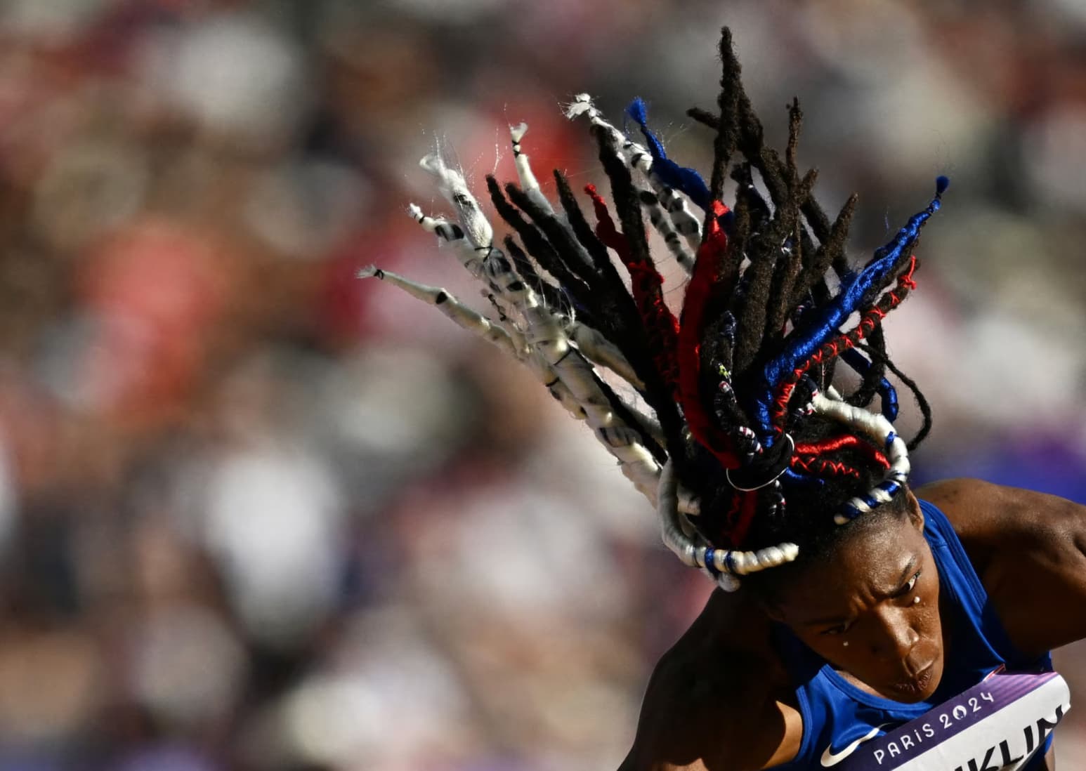 United States triple jumper Tori Franklin looking focused during a qualifying round.  